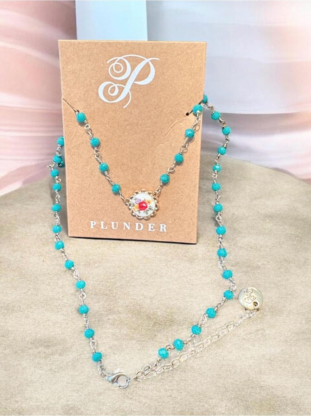Plunder Turquoise Beaded Gold-Tone Necklace with Floral Charm and Pink Center